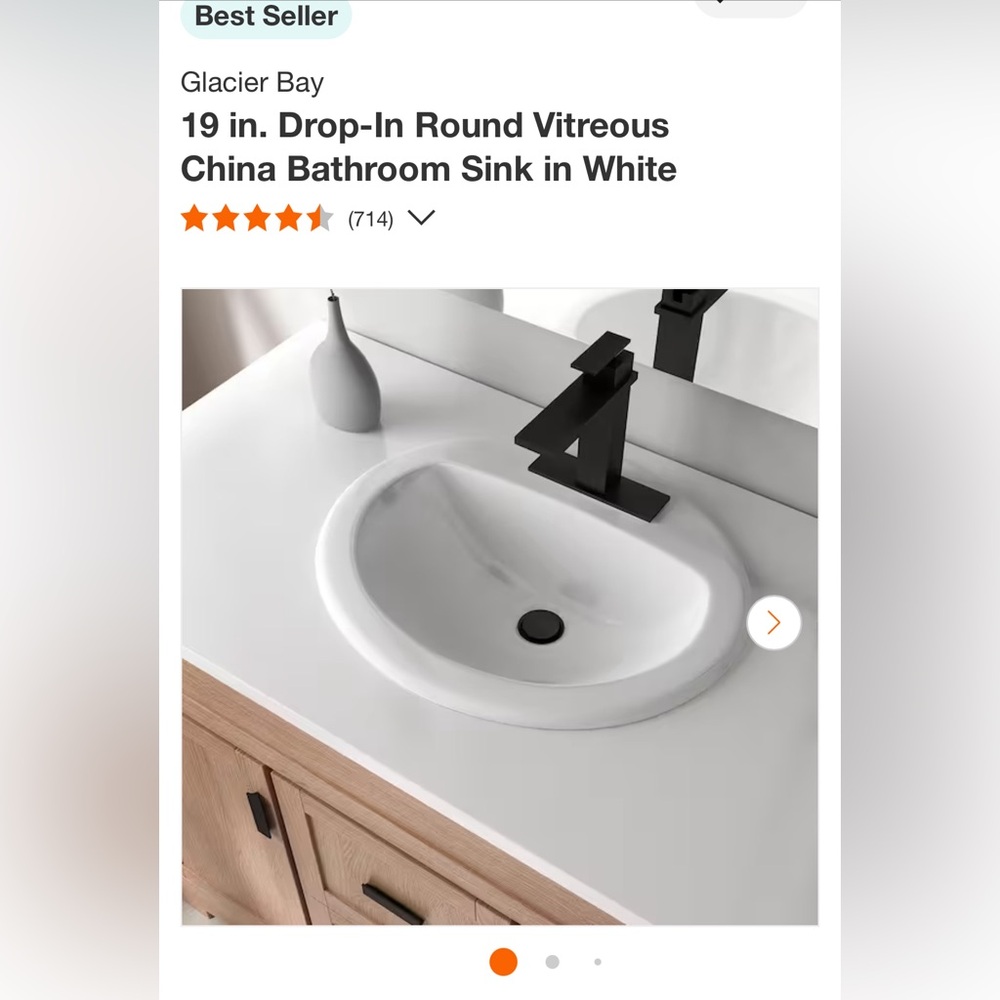 Glacier Bay 19 Inch Drop In Round Vitreous China Bath Sink- White.